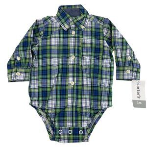 Carters Baby Boys Green & Blue Plaid Button-Up Bodysuit Size 3M - New